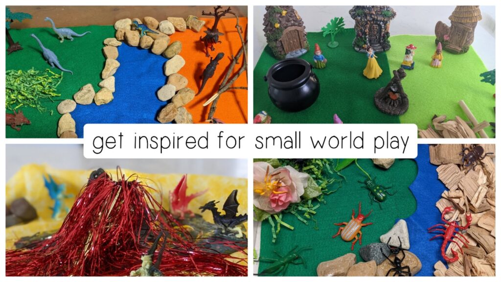 four different small world ideas with dragons insects dinosaurs and snow white