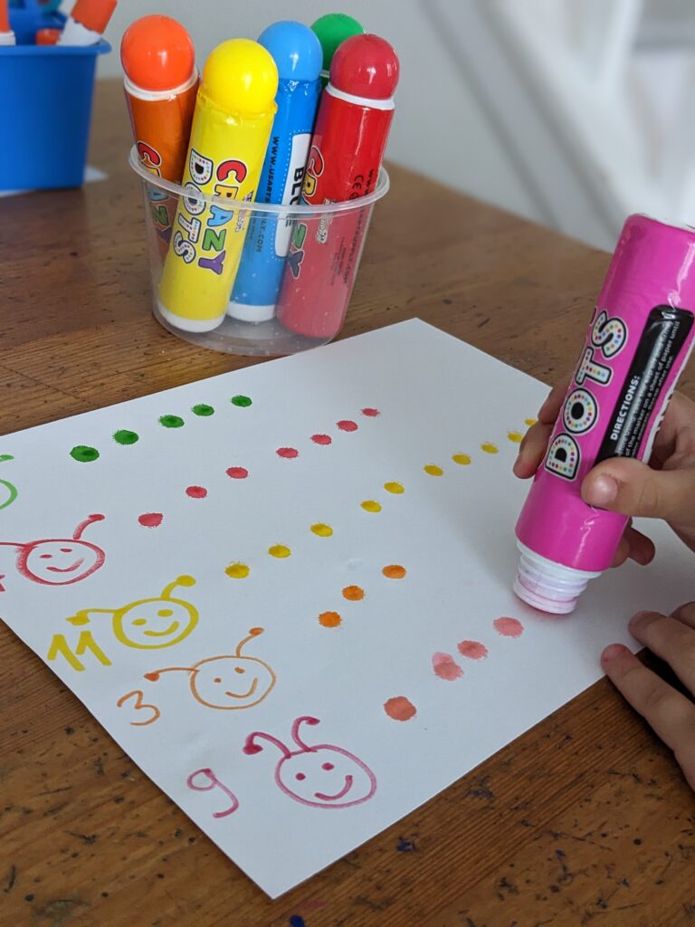 Do-a-dot marker caterpillar math for preschoolers